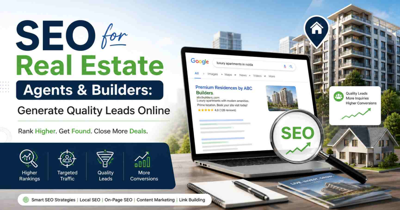 SEO for real estate agents and builders to generate quality leads online through higher search rankings and targeted traffic.
