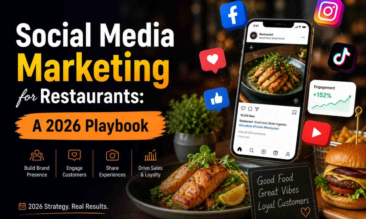 Social media marketing for restaurants in 2026 featuring food photography, a restaurant social profile, engagement metrics, and social media icons.