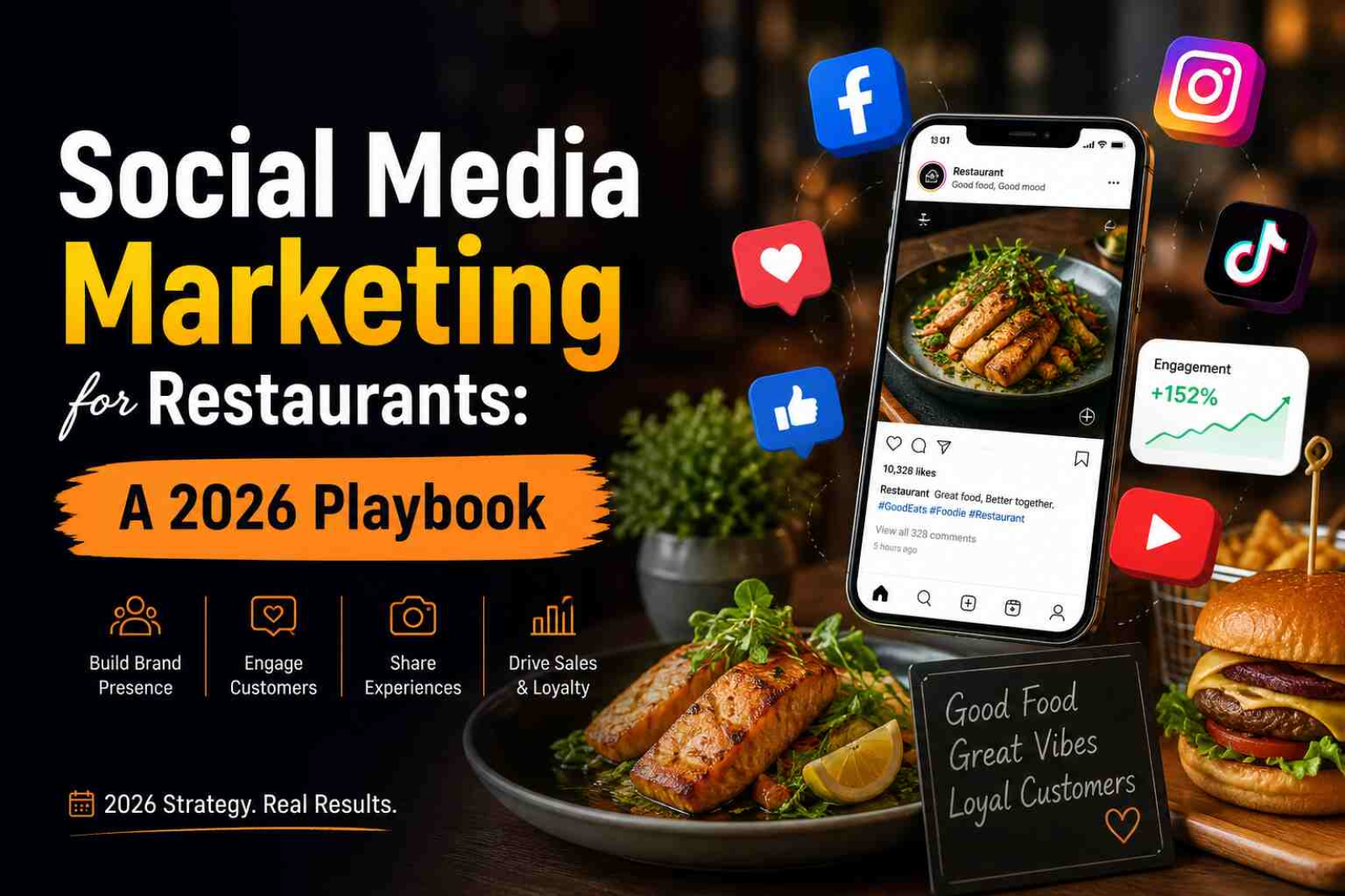 Social media marketing for restaurants in 2026 featuring food photography, a restaurant social profile, engagement metrics, and social media icons.